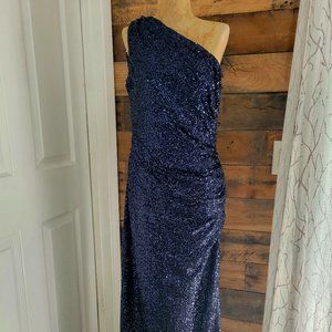 Lauren Ralph Lauren Dress Maxi Sequins One Shoulder Formal Navy 10